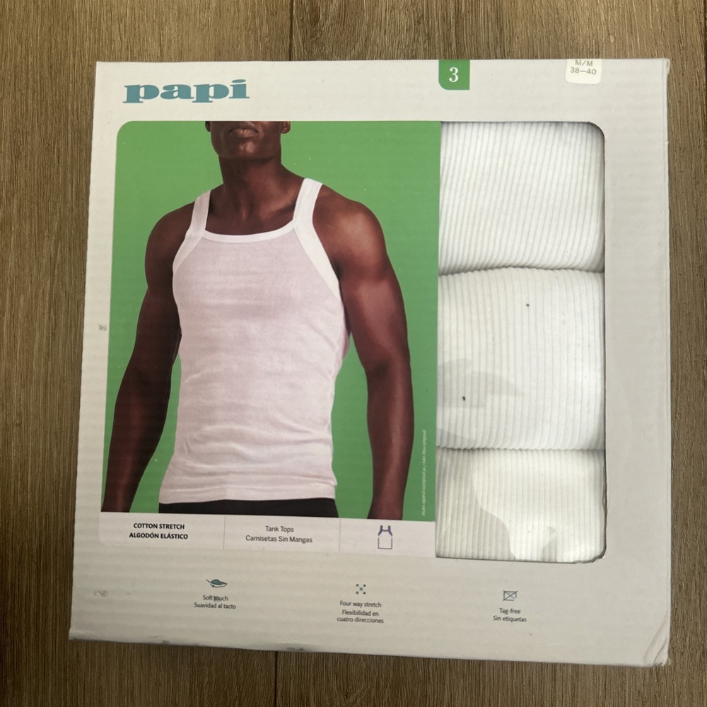 PAPI NEW 3 PACK MENS COTTON STRETCH‎ SOFT TOUCH TAG FREE TANK TOPS  WHITE Medium